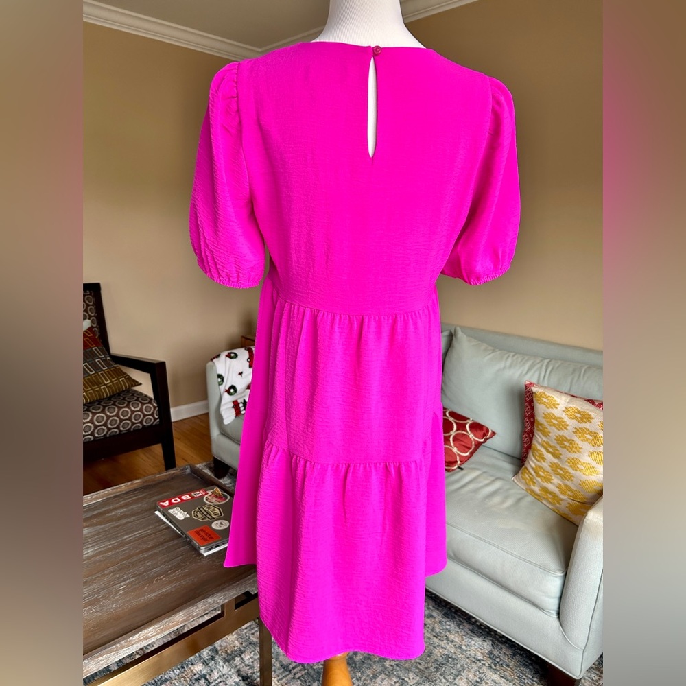 DKNY Bright Pink Tiered Baby Doll Dress Puff Sleeve Size 8 - Picture 6 of 12